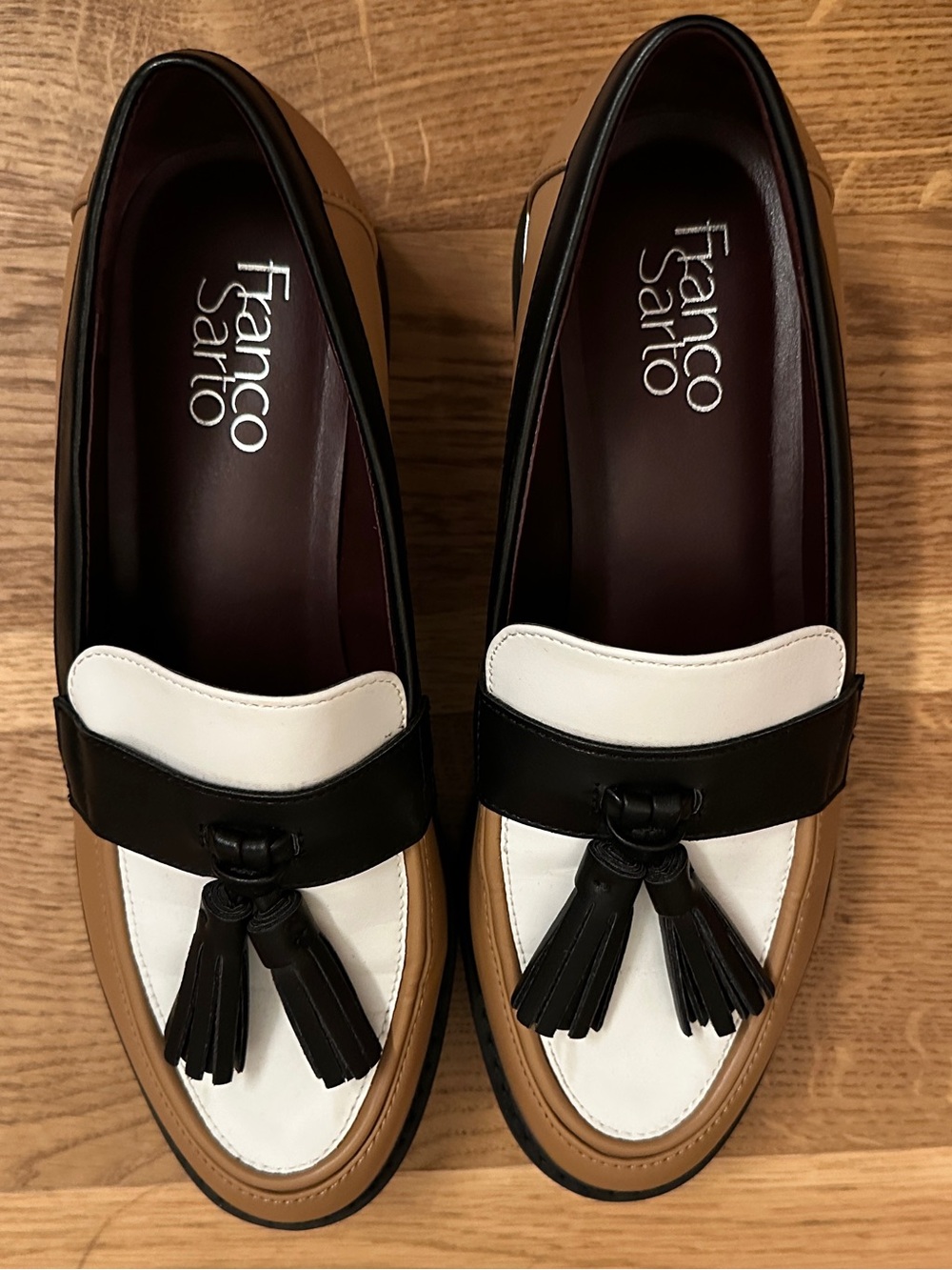Franco Sarto Three-Tone Tassel Loafers in White, Black & Tan